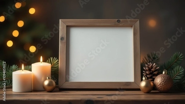 Obraz Mockup of a blank photo frame sitting on a wooden table with Christmas decorations, candles lights, bokeh and fir branches, blurred background, rustic style