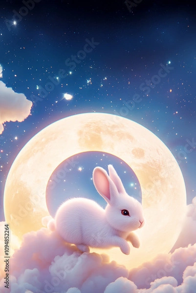 Fototapeta fairy-tale rabbit on the ethereal sky background with the shining moon, glittering stars, and fluffy clouds, in a cozy, dreamy, and playful atmosphere