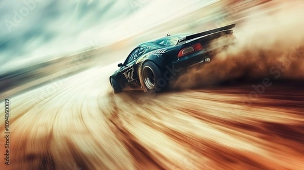 Fototapeta A car racing past the camera on a track, leaving a trail of dust and blurred surroundings due to high speed.