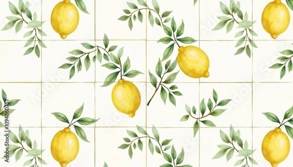Fototapeta Lemon branch pattern on cream tile background