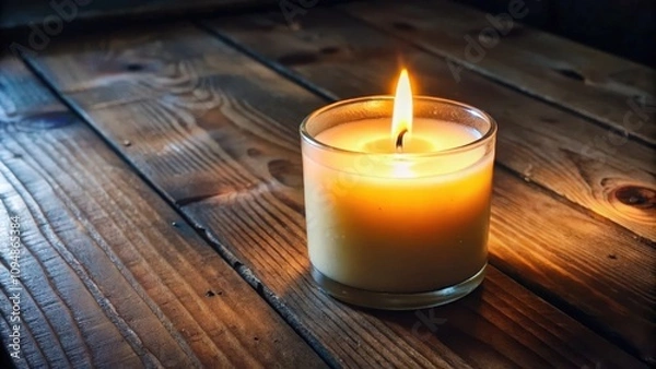 Fototapeta A Single Candle Flame Illuminates a Rustic Wooden Tabletop