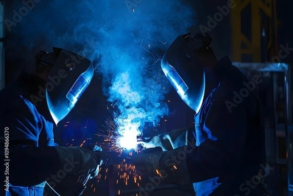 Fototapeta Skilled welders performing precision work in a dimly lit workshop