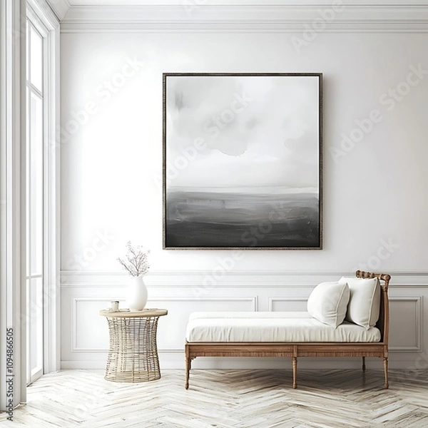Fototapeta Modern Minimalist Living Room Interior with Abstract Artwork, Bench, and Side Table.