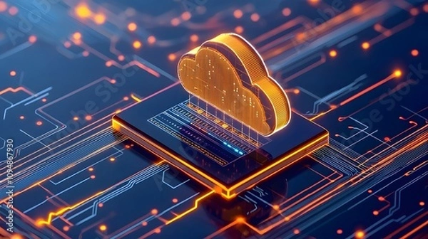 Fototapeta Networked cloud computing concept with bright, interconnected icons and glowing storage points