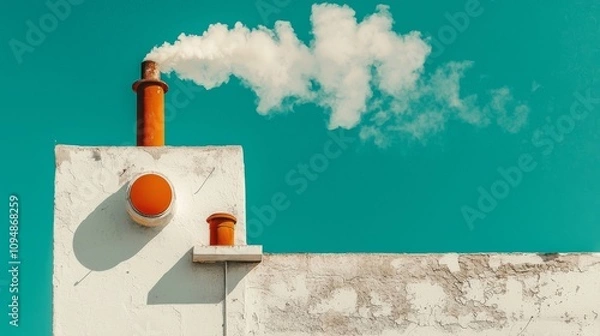 Fototapeta A white industrial building with an open chimney under a bright blue sky, smoke rising from its chimneys into the sunlight. 
