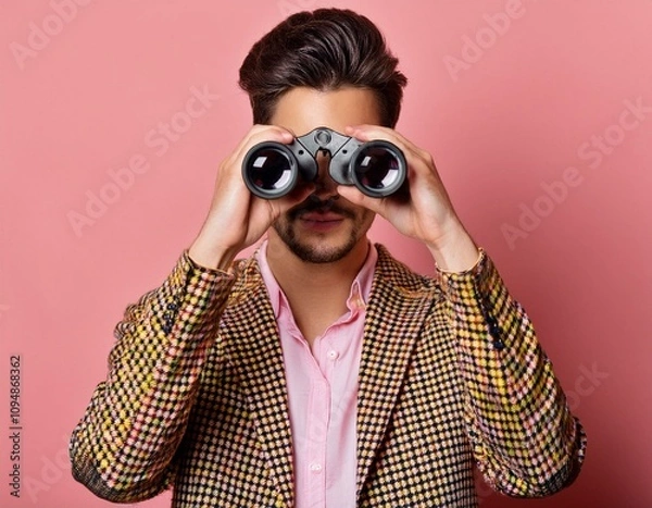Obraz A Trendy Man in Stylish Clothes Looking Through Binoculars for Clothing Discounts and Sales Opportunities - generative AI