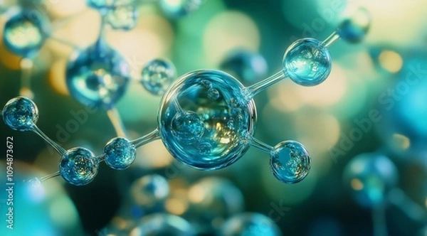 Fototapeta A close-up of the molecular structure with a blue and green background, featuring glass spheres