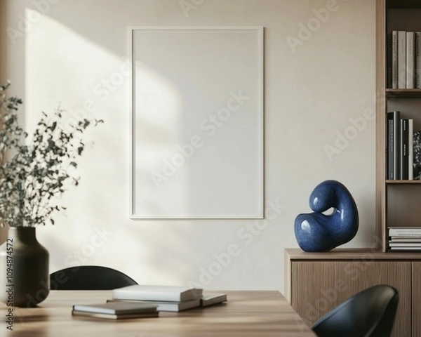Fototapeta Wall art empty picture frame mockup on wooden desk, wall, table. Vase with olive branches, cactus. Elegant working space, home office concept.	
