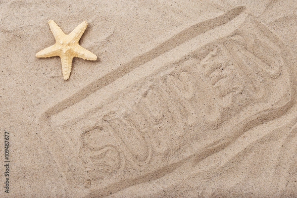 Fototapeta Inscription summer on beach sand with starfish