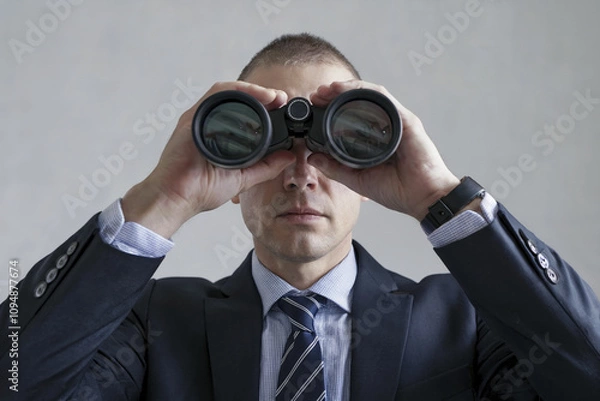Fototapeta Man in a shirt and tie is spying on someone through binoculars.