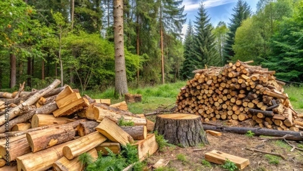 Fototapeta Stacked Logs and Tree Stump in a Forest Clearing