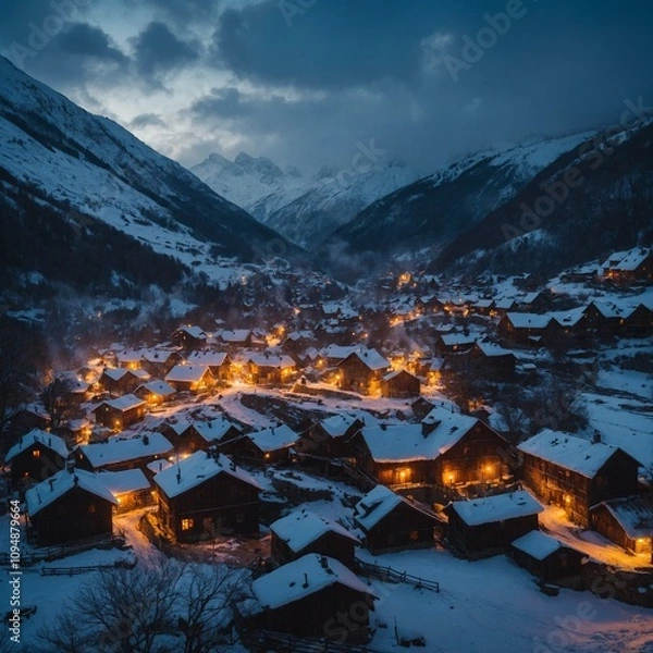 Fototapeta A snowy village nestled in the mountains, with twinkling lights and smoke rising from chimneys.


