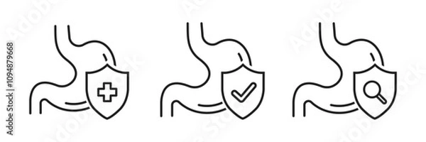Obraz Colitis intestine icon set. Stomach with protected health sign. Check health bowel symbol for medical design. Vector illustration.
