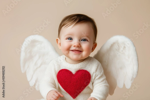 Fototapeta Smiling Baby with Angel Wings and Red Heart Sweater on Beige Background for Valentine’s Day Theme.