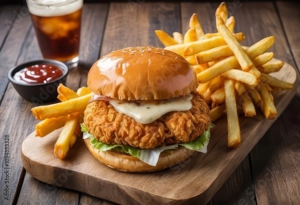 Obraz A close-up of a zinger burger with melted cheese and fries on a wooden board