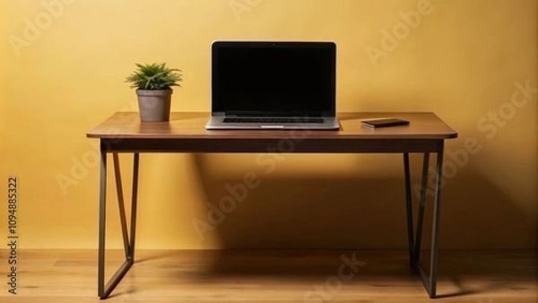 Fototapeta Minimalist Workspace with Laptop, Plant, and Phone on Wooden Desk