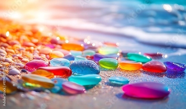 Obraz Colorful glass pebbles on the beach, colorful stones and rocks on a sand background, a seashore landscape, sunset, close-up.