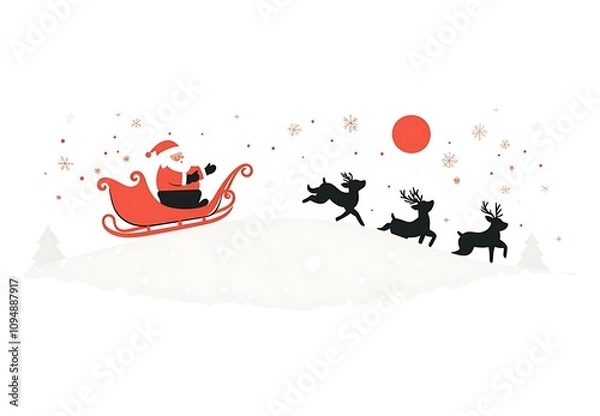 Fototapeta Christmas card design featuring a cute line drawing of Santa Claus flying in his sleigh with reindeer and Christmas trees