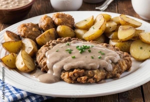 Fototapeta A plate of country fried steak with gravy and potatoes