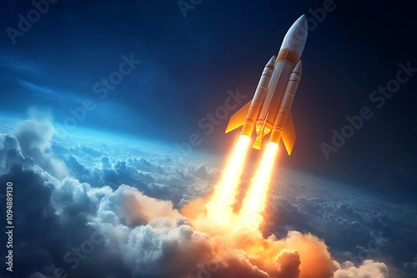 Fototapeta A 3D rendering of a rocket taking off, emerging dynamically from a laptop screen, symbolizing innovation, technology, and limitless possibilities in the digital age.