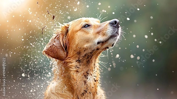 Fototapeta The wet dog vigorously shakes its body, sending cascades of mud and water flying in all directions, creating a chaotic whirlwind of splashes and droplets around it.
