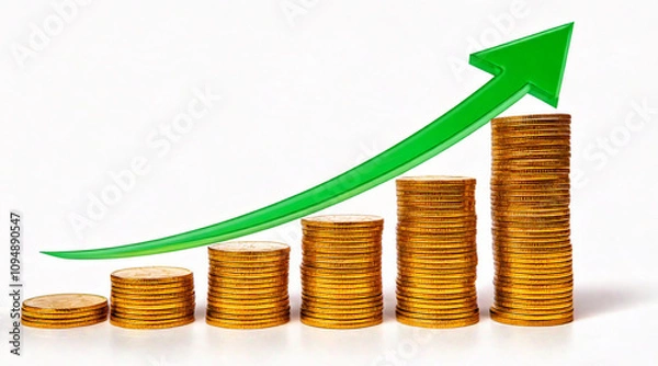 Fototapeta A stack of golden coins with a green arrow pointing upwards, isolated on a clean white background, with professional lighting