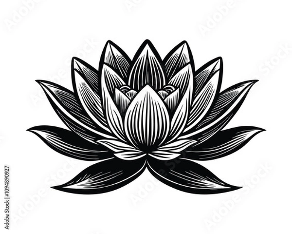 Obraz A lotus lily water flower in a vintage woodcut eng raving style, vector, black and white