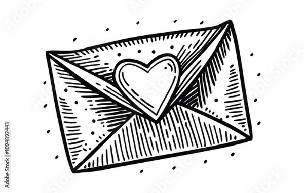 Obraz Envelope hand drawn ink sketch. Engraving style vector illustration, black and white. Valentine concept