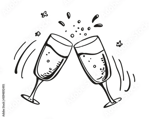 Obraz Festive glasses of champagne with splashes vector. Engraving style vector illustration, black and white