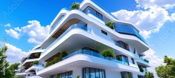 Fototapeta Three-story residential building with white modern architecture, balconies, and solar panels on the roof