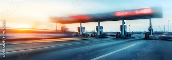 Obraz A highway toll booth featuring a prominent digital price display, showcasing the modern infrastructure of toll collection. The image highlights the advanced technology in transportation, with a clear 