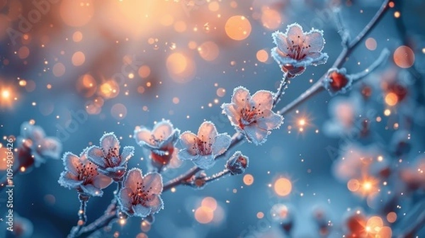 Fototapeta Delicate blossoms emerge through winter frost, enhancing a serene winter landscape with sparkling charm. Generative AI