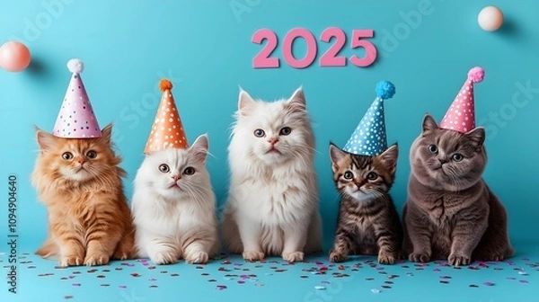 Obraz Cute cats celeberate 2025 Happy New Year ,Animal Party ,wear party hats, with "2025" written in a playful by fun font.
