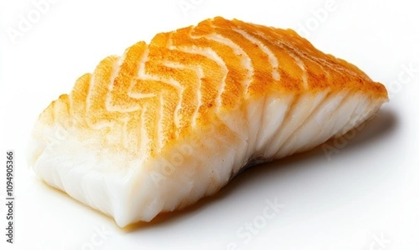 Fototapeta Freshly cooked salmon fillet on a white background, showcasing its flaky texture and appetizing appearance.