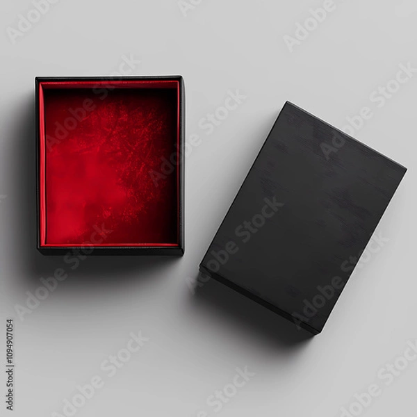 Fototapeta Black Box Packaging with Red Velvet Interior, Opened View from Top