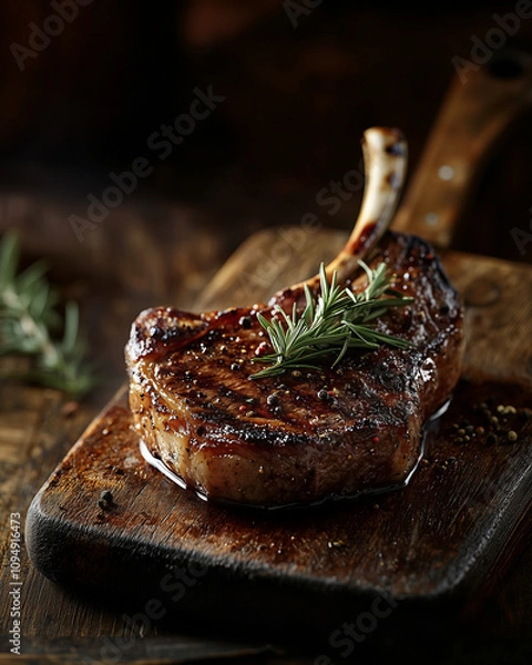Obraz grilled tomahawk steak with glistening char marks and fresh rosemary, presented on a dark wooden board
