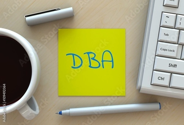Fototapeta DBA, message on note paper, computer and coffee on table, 3D rendering
