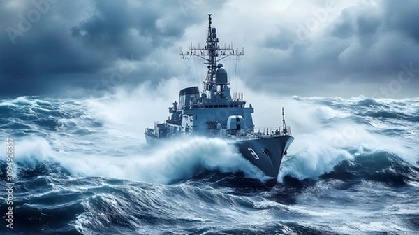 Obraz A majestic warship cuts through the vast ocean, its imposing figure a testament to naval power