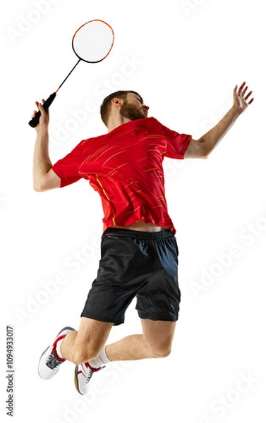 Fototapeta Badminton athlete dives to hit shuttlecock, giving it his all in last-second effort to keep game going against transparent background. Concept of movement, professional sport, motion, hobby. Ad