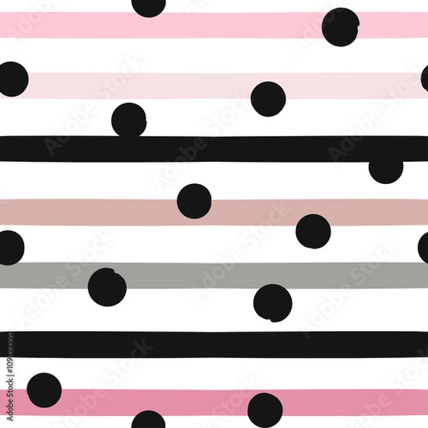 Obraz Cute vector geometric seamless pattern . Polka dots and stripes. Brush strokes. Hand drawn grunge texture. Abstract forms. Endless texture can be used for printing onto fabric or paper