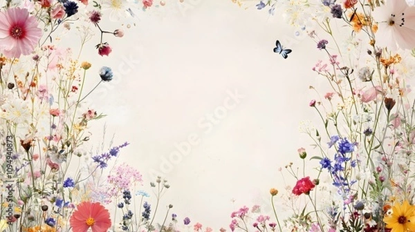 Fototapeta A whimsical floral frame with wildflowers and butterflies encircling an empty middle section for custom text