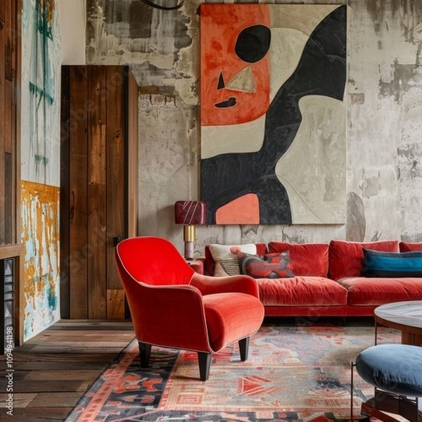 Fototapeta A red chair sits in front of a large abstract painting on a wall. The room has a cozy and inviting atmosphere, with a red couch and a coffee table in the background