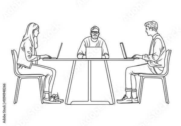 Fototapeta A modern, minimalist illustration of a business meeting, rendered in a single continuous line, showing a client and a marketing agency in discussion.