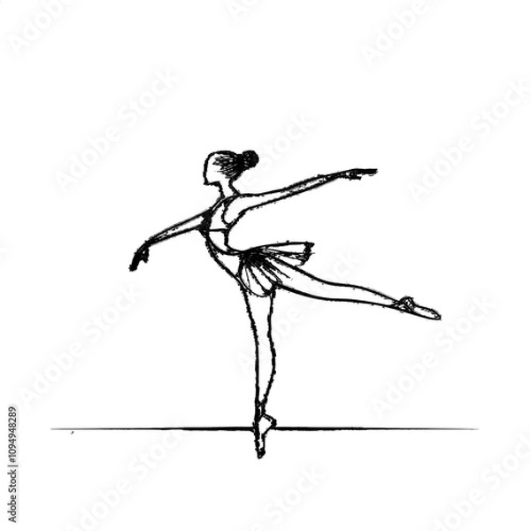 Fototapeta In a studio, a sketch portrays a beautiful young ballerina in a tutu, holding a ballet pose on a white background.