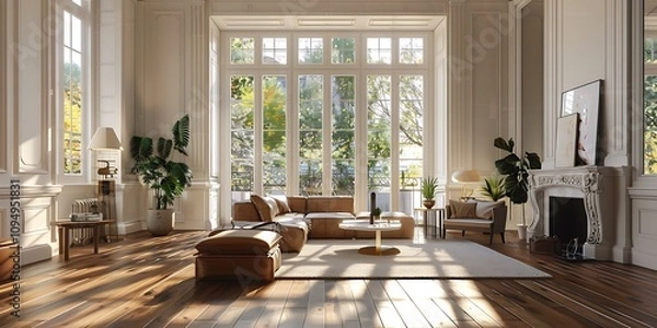 Fototapeta Beautiful living room interior with hardwood floors and fireplace in new luxury home. Large bank of windows hints at exterior view. Generative AI