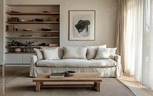 Fototapeta Minimalist living room with beige sofa, wooden furniture, and abstract art.