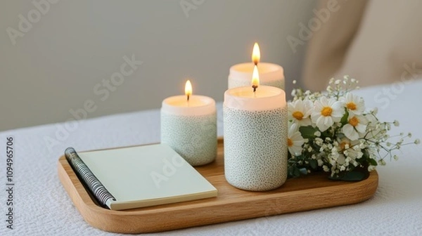 Fototapeta Creating a cozy atmosphere candle arrangement with flowers and notepad home setting still life tranquil environment warm concept