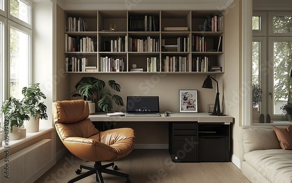 Fototapeta Cozy home office with bookcase, laptop, and comfortable chair.
