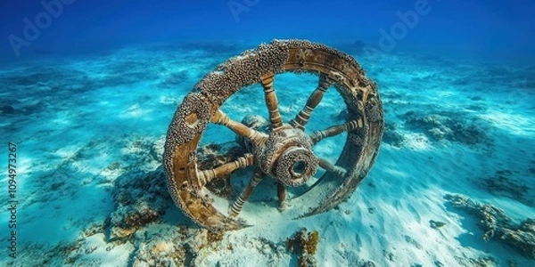 Fototapeta A weathered ship's wheel, encrusted with barnacles, lies on the seafloor surrounded by clear water.