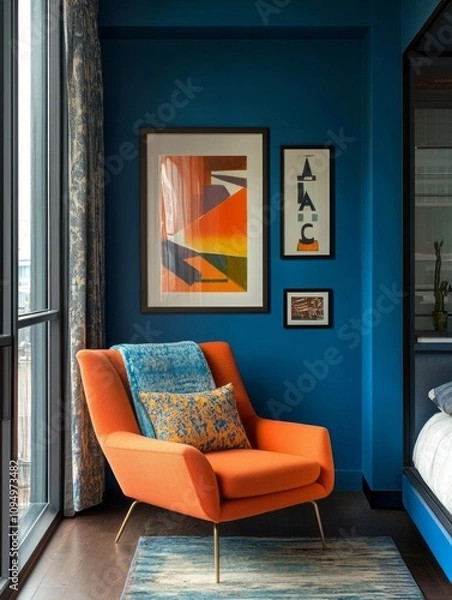 Fototapeta Modern Orange Chair Interior Design With Abstract Art